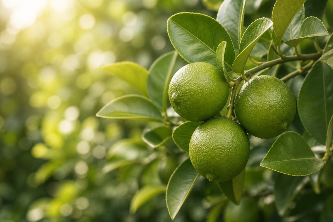 Fresh green limes growing on a citrus tree branch with glossy leaves and soft sunlight.