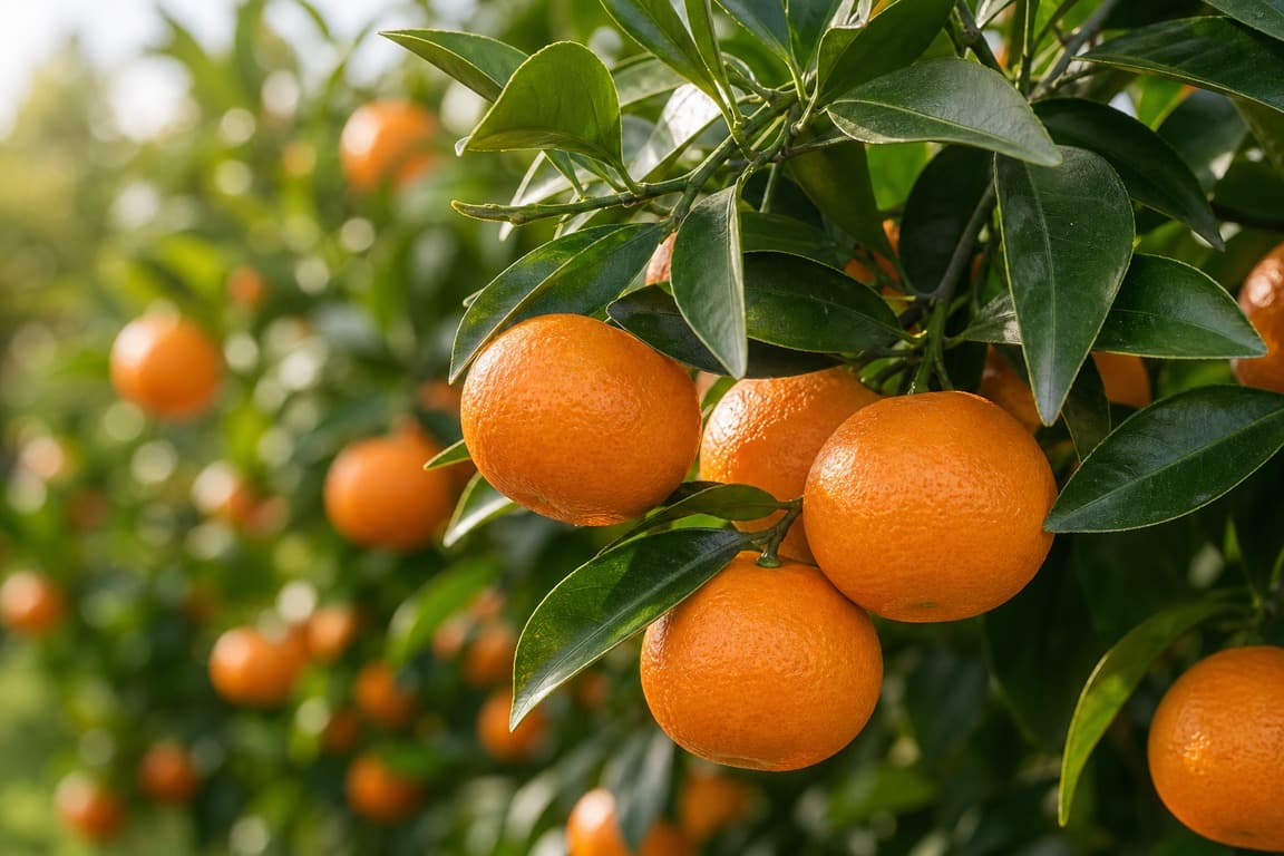 Fresh mandarins growing on a citrus tree branch with glossy leaves and soft natural light.