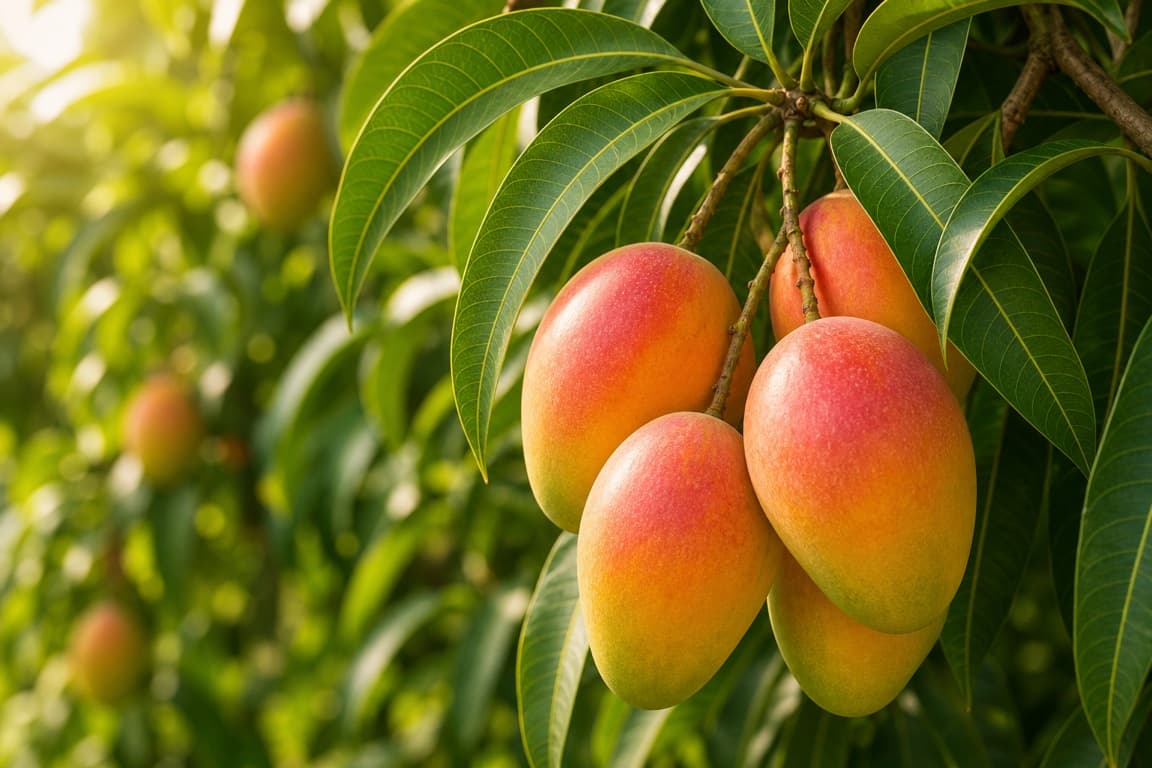 Fresh mangoes growing on a tree branch with healthy green leaves.