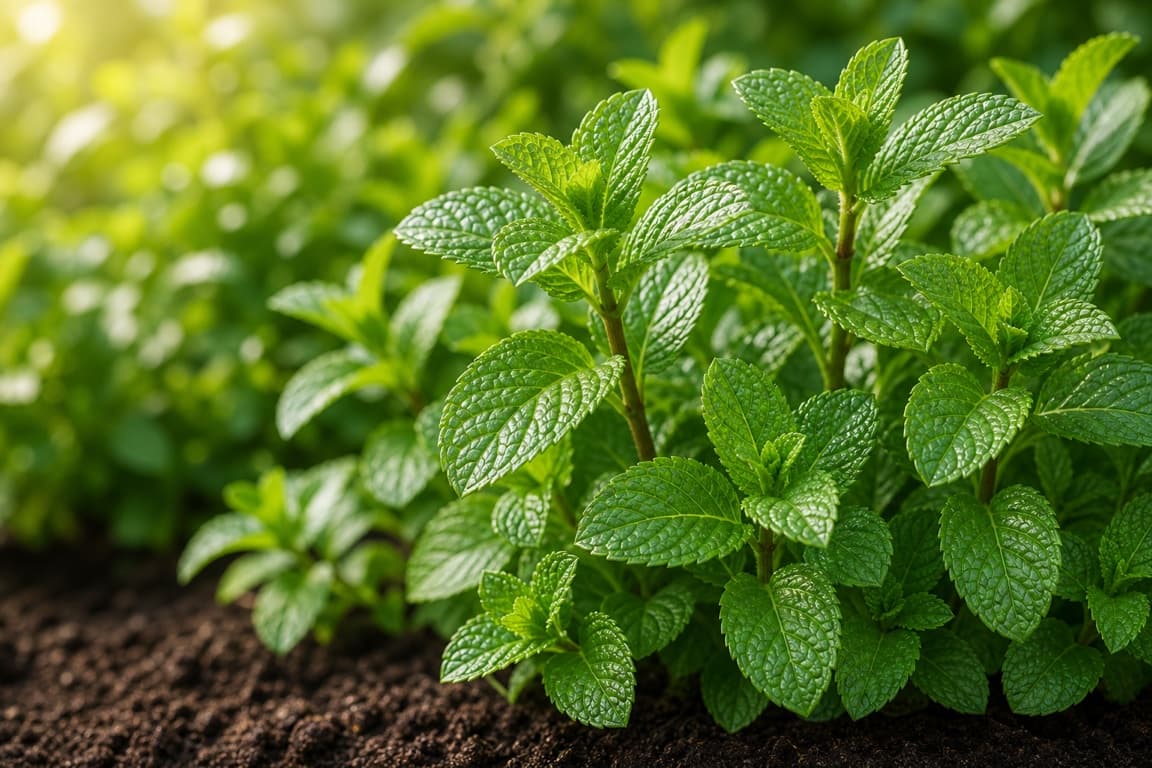 Fresh mint plants growing in an herb bed with intact vibrant green leaves.