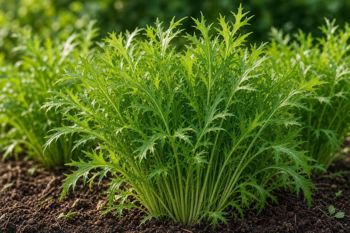 Mizuna greens growing in a garden bed with feathery leaves and soft natural light.