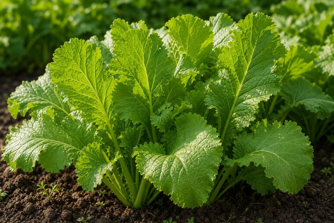 Mustard greens growing in a garden bed with broad textured leaves and natural daylight.
