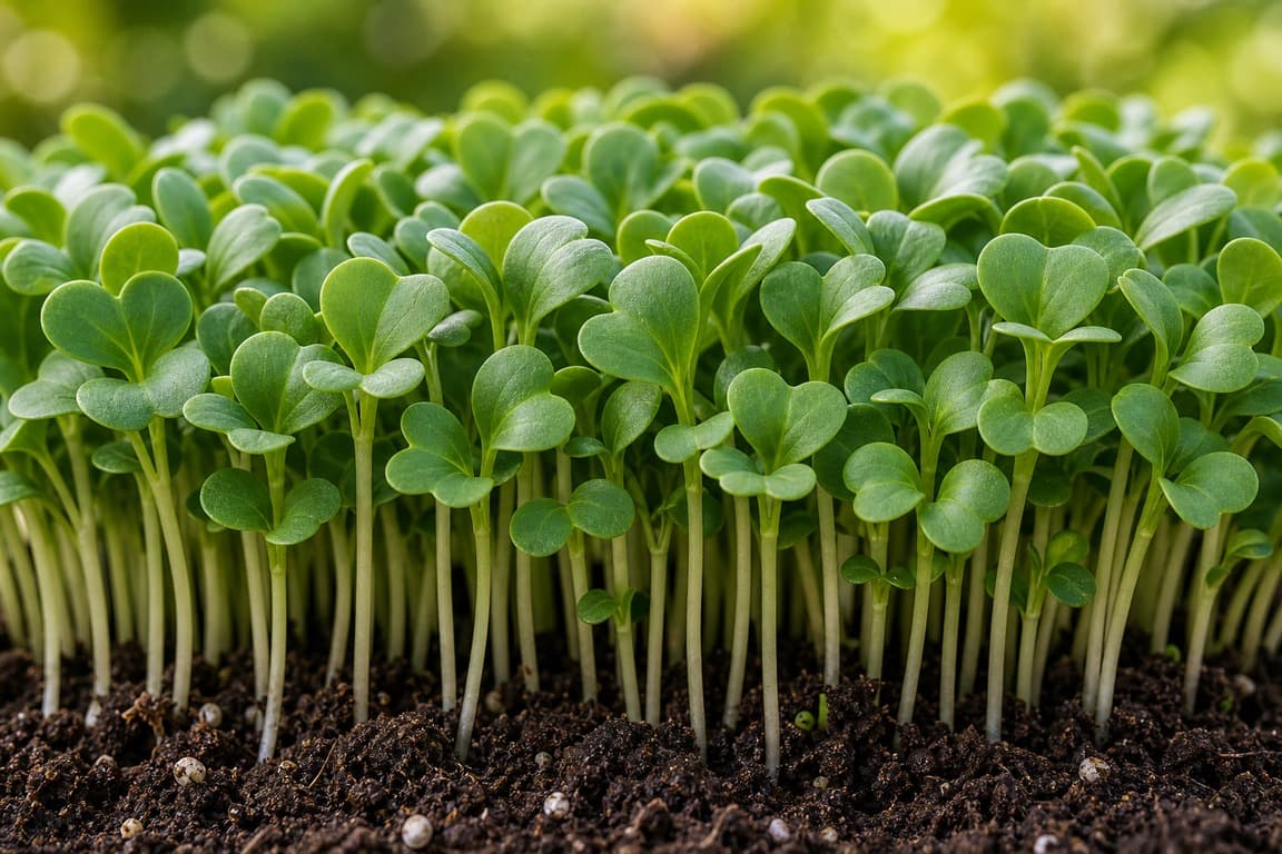Mustard microgreens growing densely with tiny green leaves and slender stems in daylight.