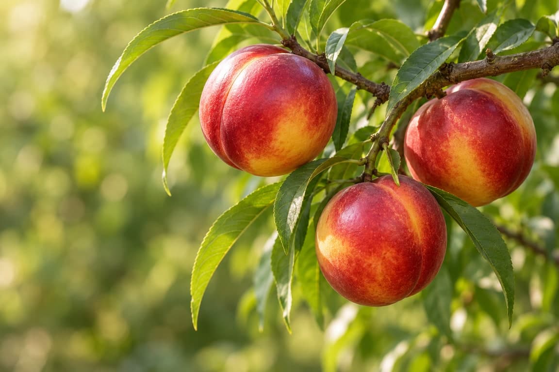 Smooth-skinned ripe nectarines growing on a leafy orchard branch in soft natural light.