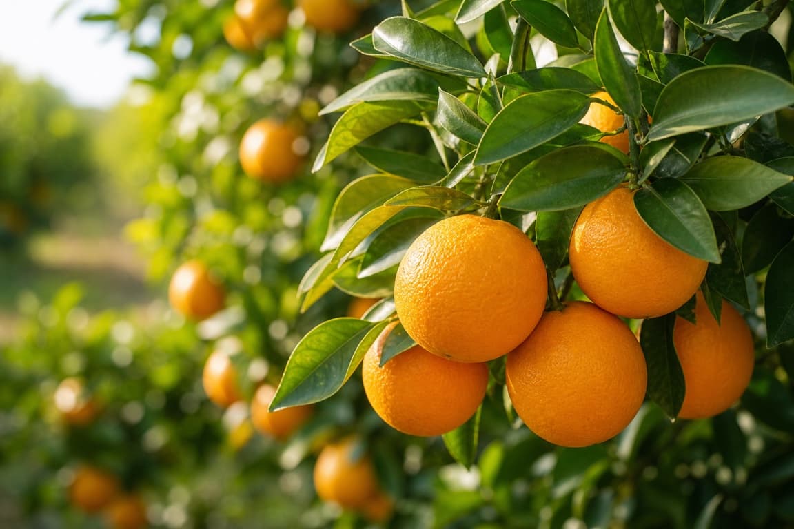 Fresh ripe oranges growing on a citrus tree branch with glossy green leaves.