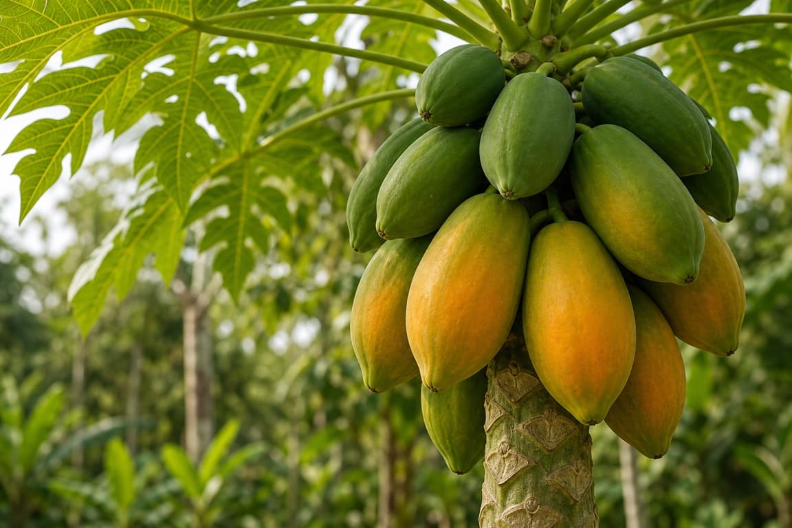 Fresh papayas growing naturally on a papaya tree with broad tropical leaves.