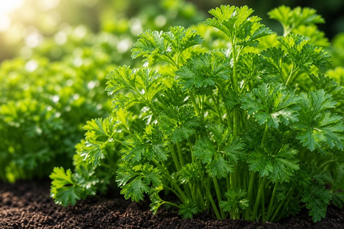 Fresh parsley plants growing in an herb bed with vibrant intact green leaves.