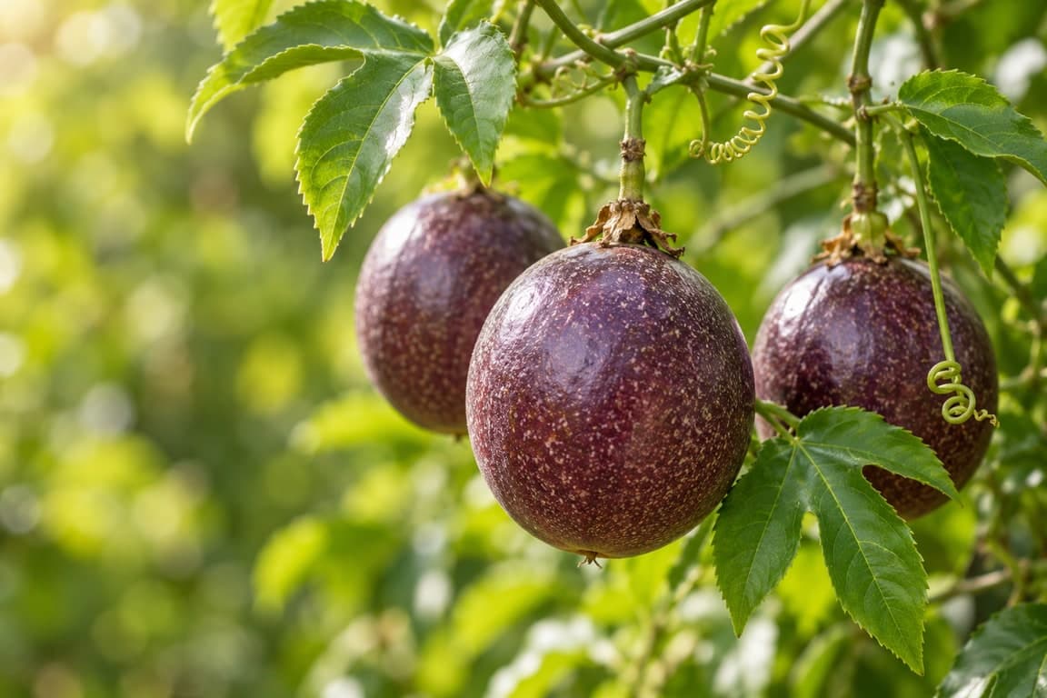 Ripe purple passion fruits growing on a leafy climbing vine in natural daylight.