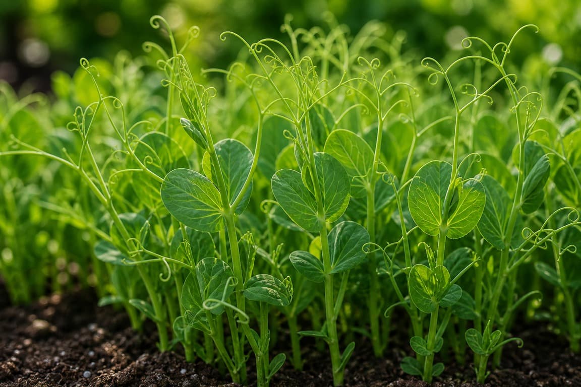 Pea shoots growing with curling tendrils and tender green leaves in soft natural light.