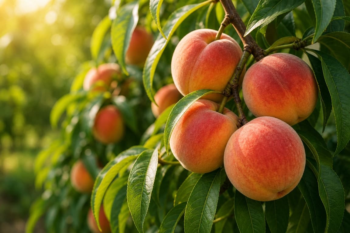 Fresh peaches growing on a tree branch with healthy green leaves.