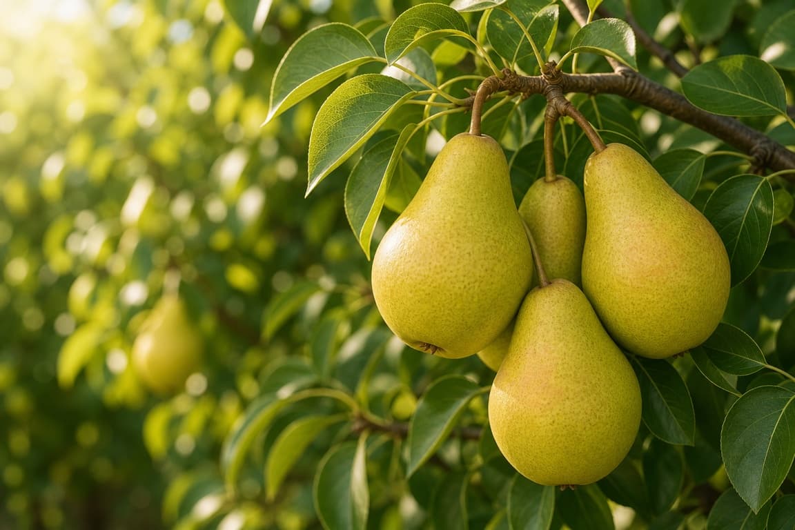 Fresh pears growing on a tree branch with healthy green leaves.