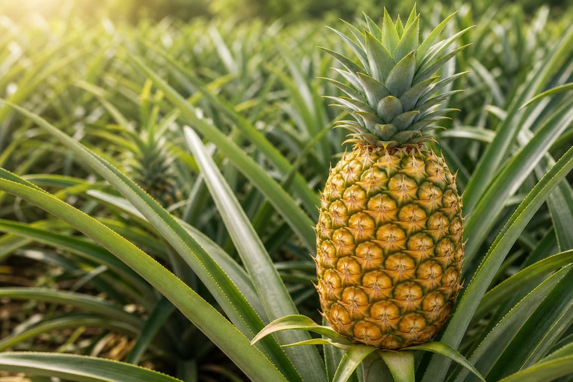 Fresh pineapple growing upright on its plant in soft natural light.