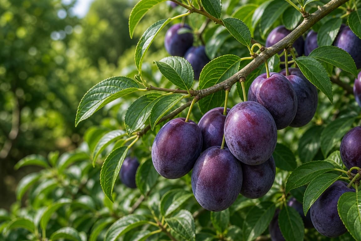 Fresh purple plums growing naturally on a tree branch with healthy leaves.