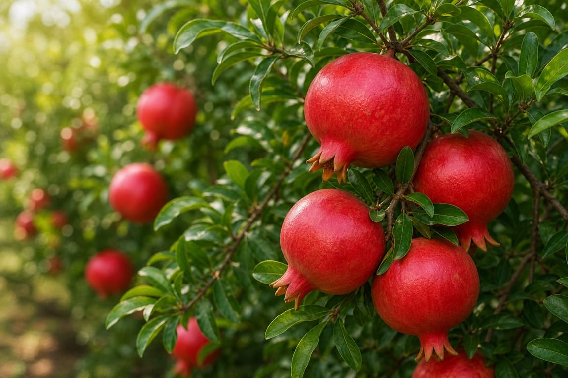 Fresh pomegranates growing on a tree branch with healthy leaves.