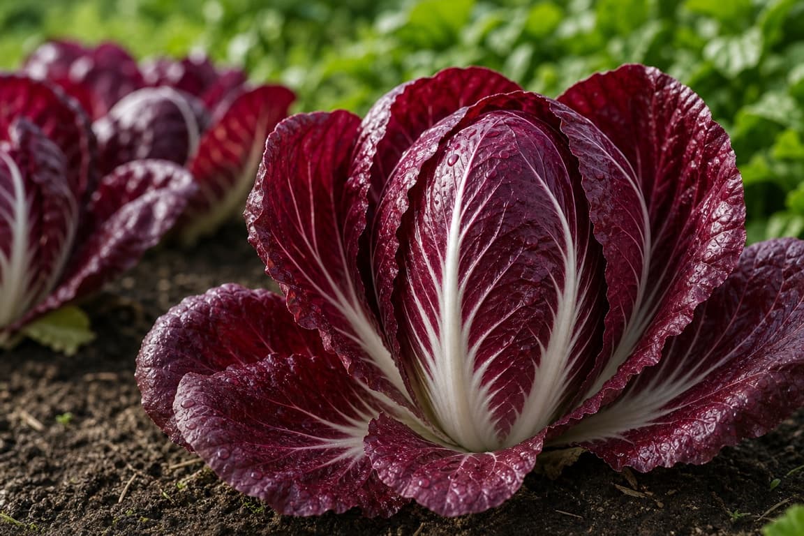 Fresh radicchio growing naturally in soil with burgundy leaves and white ribs.