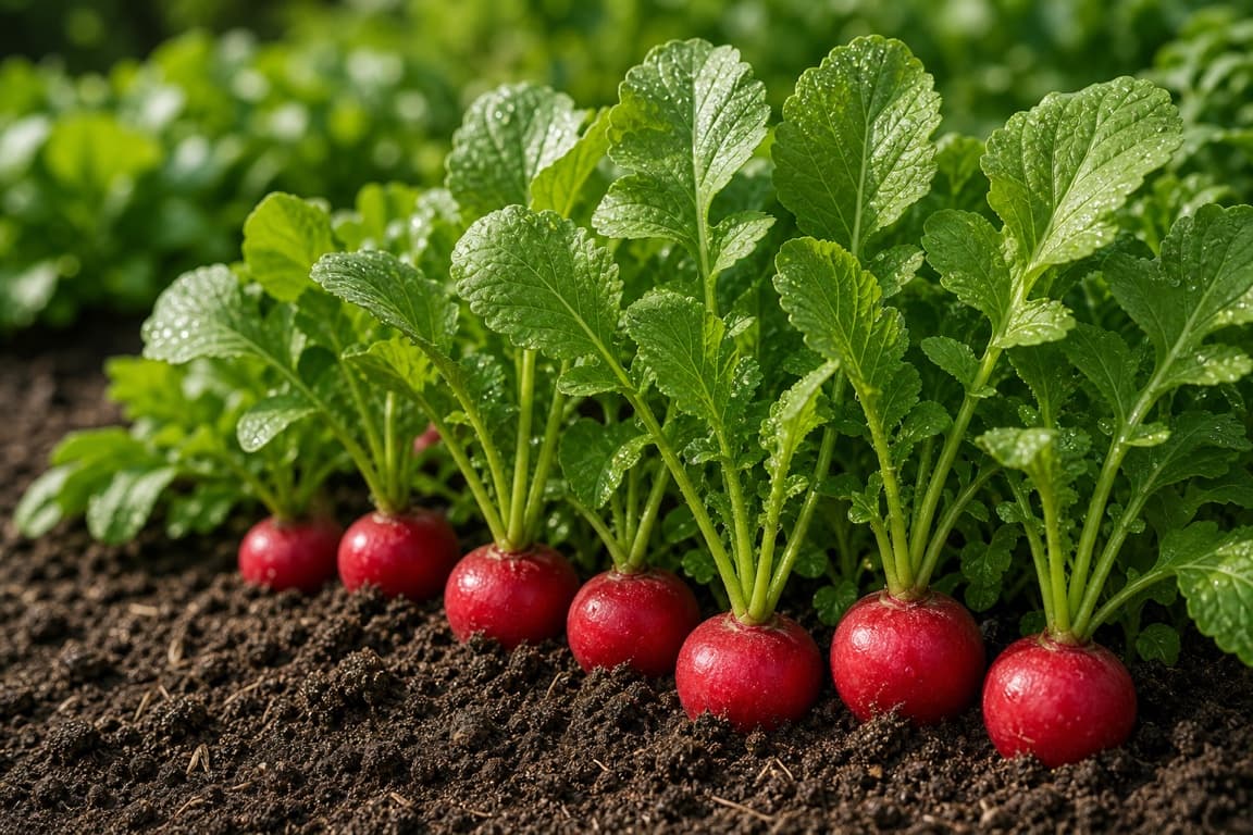 Fresh red radishes growing naturally in soil with vibrant green tops.