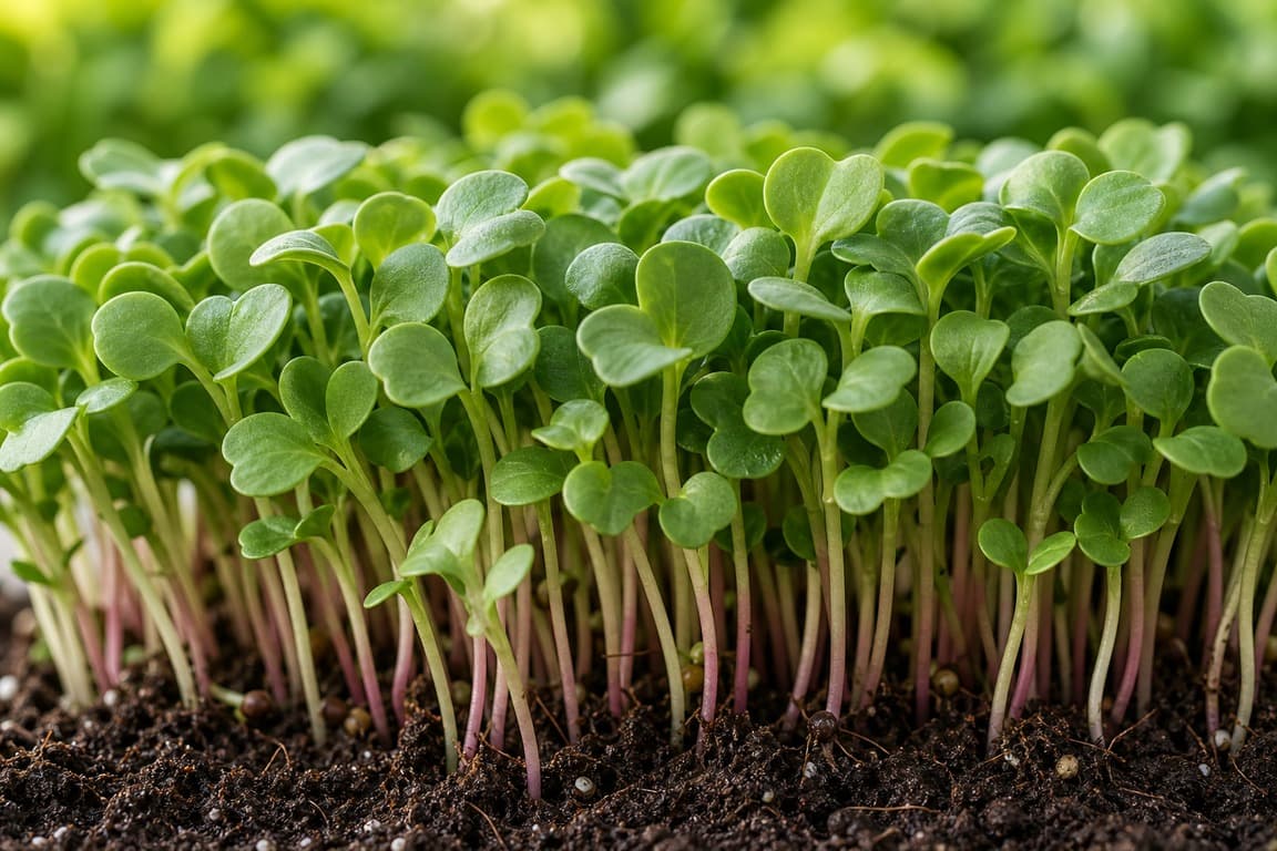 Radish microgreens growing with small green leaves and pale stems in natural light.