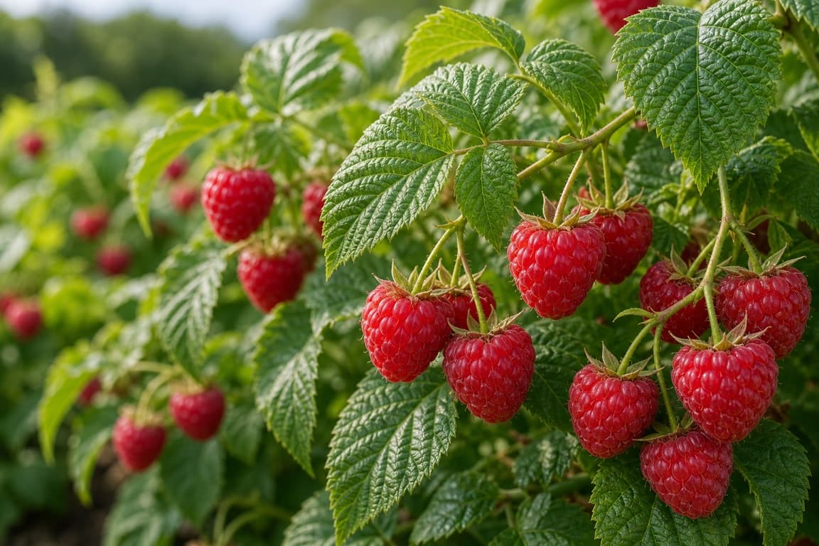 Fresh raspberries growing naturally on canes with healthy green leaves.