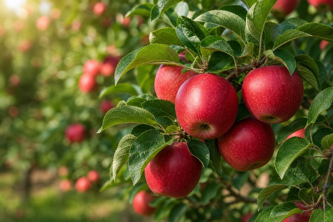 Ripe red apples growing on an apple tree branch with healthy green leaves.
