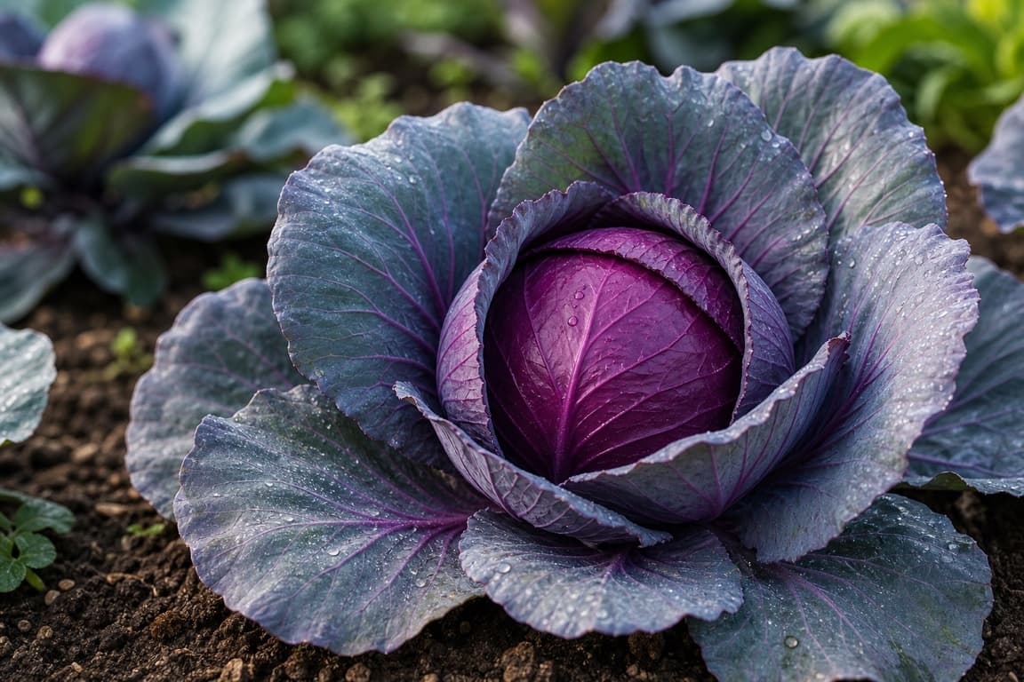 Fresh red cabbage growing naturally in soil with a dense purple head.