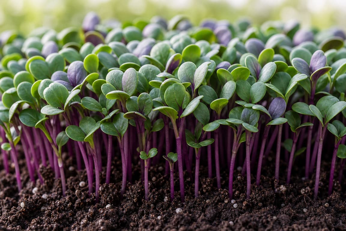 Red cabbage microgreens growing densely with purple stems and green leaves in soft daylight.