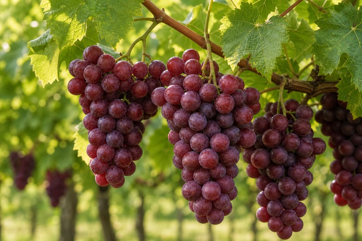 Clusters of red grapes growing on a grapevine with green leaves and soft daylight.