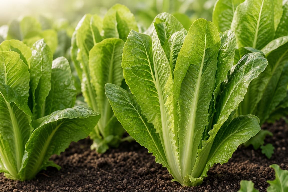 Fresh romaine lettuce heads growing upright in clean garden soil.