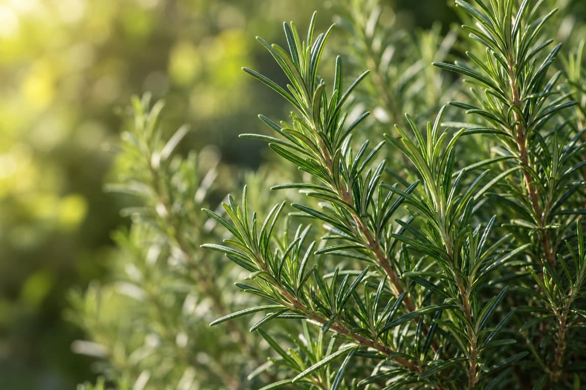 Fresh rosemary growing as intact needle-leaved sprigs on a living shrub in natural daylight.