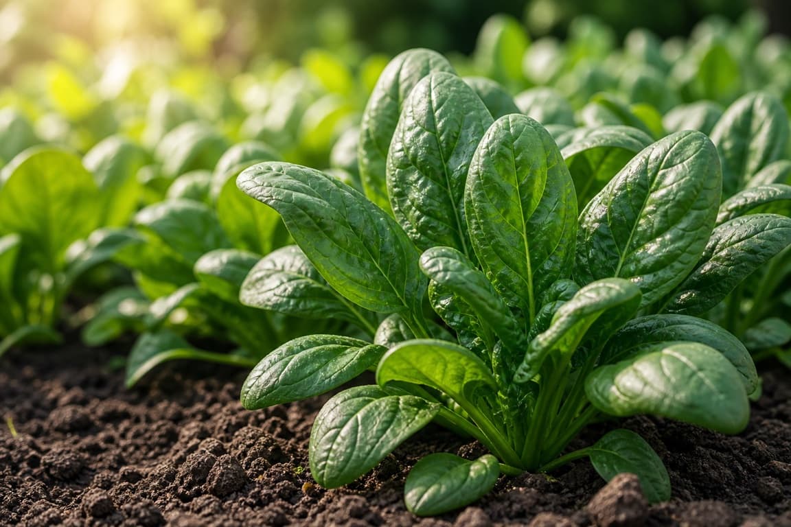Fresh spinach plants growing in clean garden soil with vibrant green leaves.