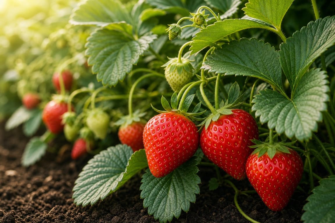 Fresh ripe strawberries growing on a plant with healthy green leaves.