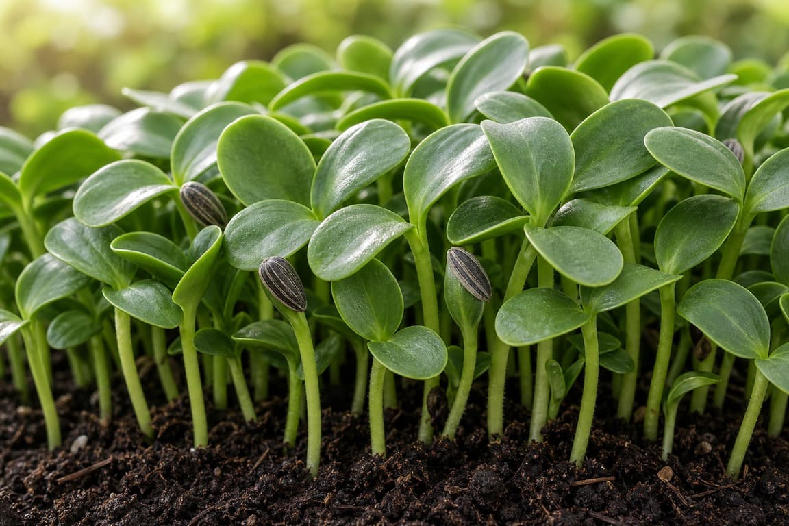 Sunflower shoots growing densely with sturdy pale stems and green leaves in natural light.