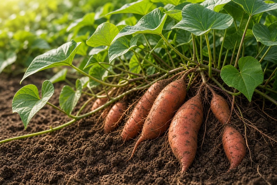 Fresh sweet potatoes growing in clean soil with healthy green vines.