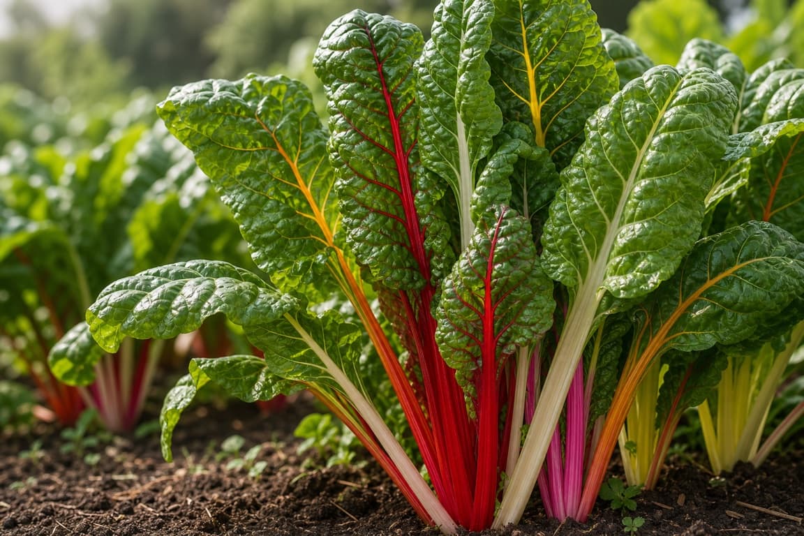 Fresh Swiss chard growing naturally with glossy green leaves and colorful stems.