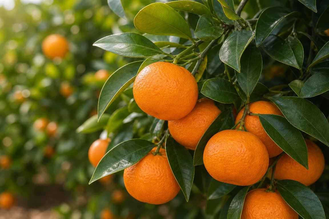 Fresh tangerines growing on a citrus tree branch with healthy leaves and warm daylight.