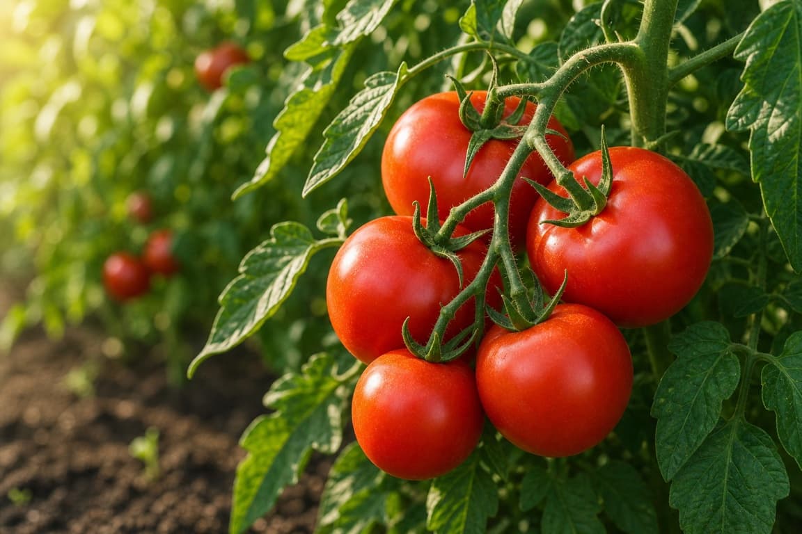 Fresh red tomatoes growing on a vine with healthy green leaves.