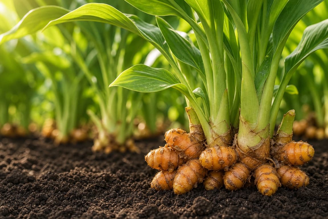 Fresh turmeric rhizomes growing at the soil line with healthy green shoots.