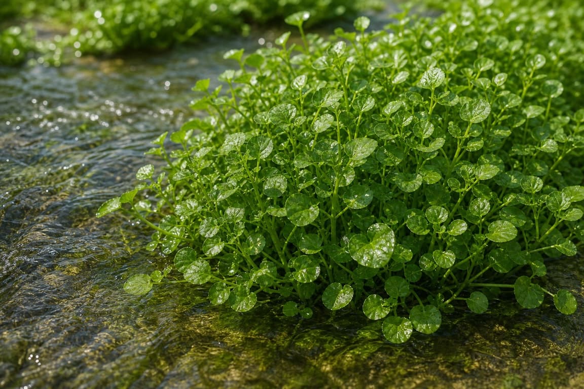 Fresh watercress growing naturally in clear shallow water with small rounded leaves.