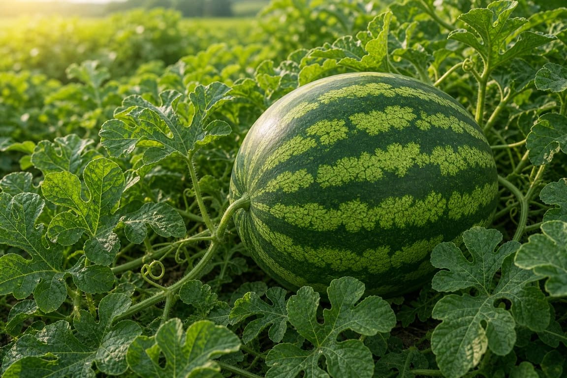 Fresh whole watermelon growing on a vine with healthy green leaves.