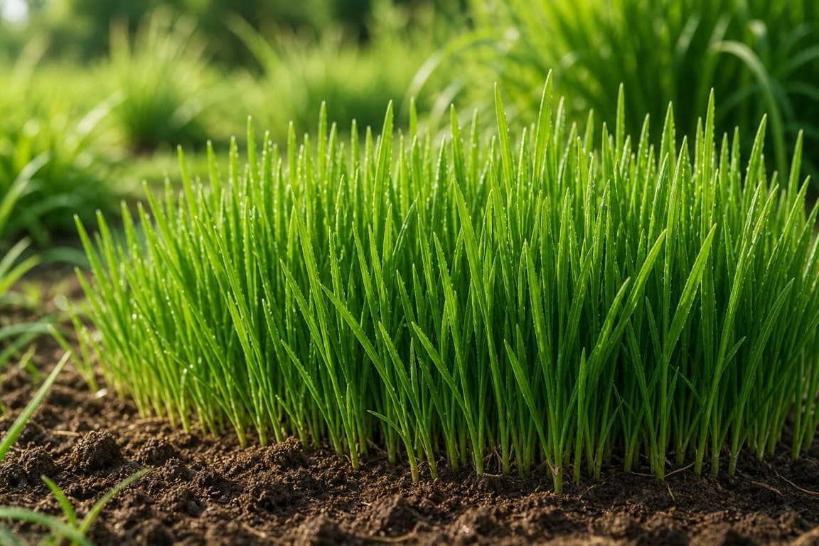 Fresh wheatgrass growing naturally in soil with upright vibrant green blades.