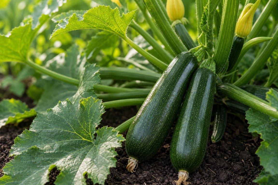 Fresh zucchini growing on a squash vine with healthy green leaves.