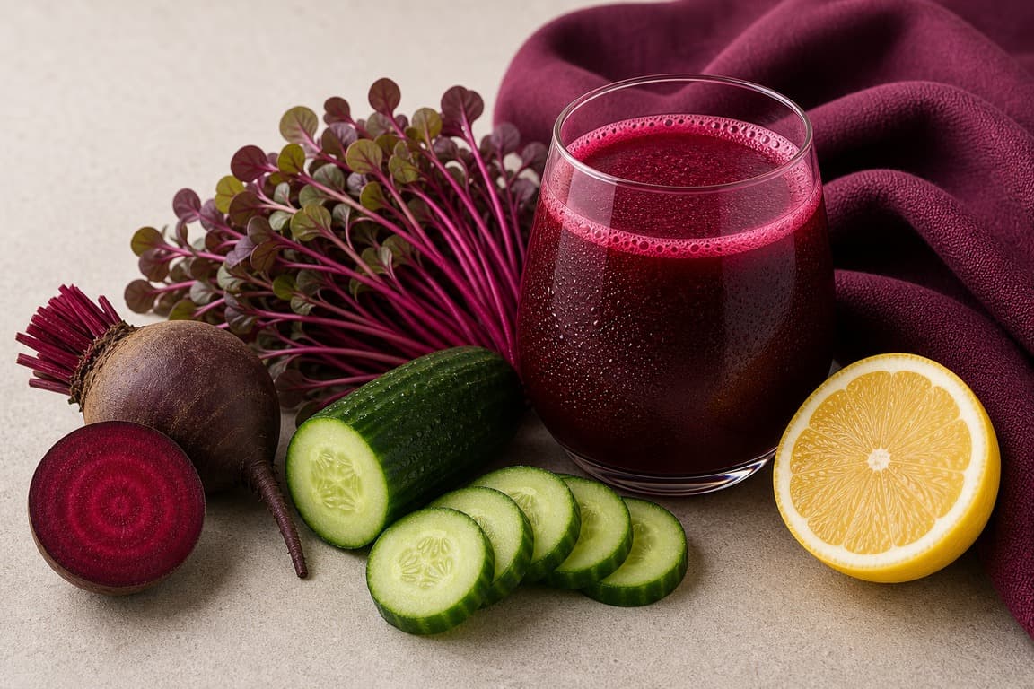 Amaranth Microgreen Beet Lemon in a clear glass with fresh amaranth microgreens, beet, cucumber, and lemon, and deep plum linen.