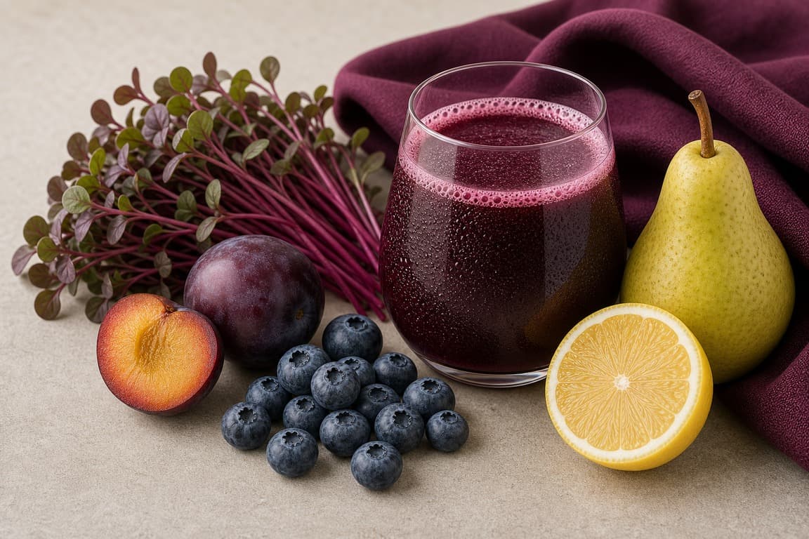 Amaranth Microgreen Plum Blueberry in a clear glass with fresh amaranth microgreens, plum, blueberry, pear, and lemon, and deep plum linen.