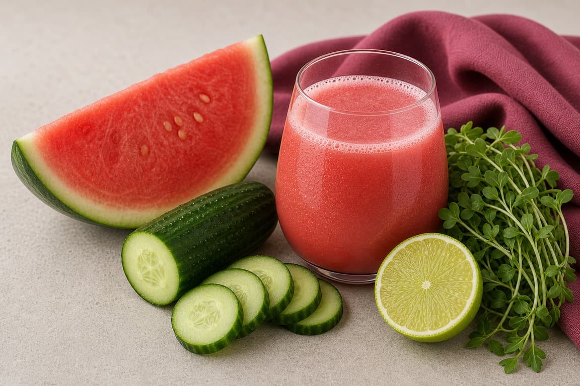 Arugula Microgreen Watermelon Lime in a clear glass with fresh arugula microgreens, watermelon, cucumber, and lime, and muted raspberry linen.