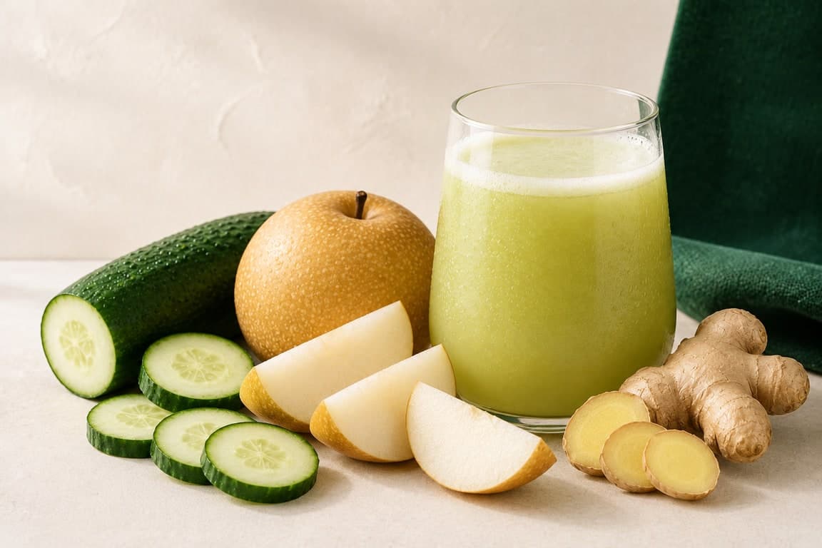 Asian Pear Cucumber Ginger in a clear rounded stemless tumbler on a cream surface with fresh Asian pear, cucumber, and ginger.
