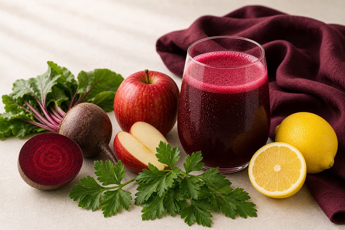 Beet Apple Parsley in a clear glass with fresh beet, red apple, lemon, parsley, and deep plum linen.