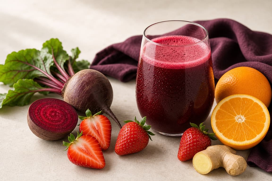 Beet Berry Citrus in a clear glass with fresh beet, strawberry, orange, ginger, and deep plum linen.
