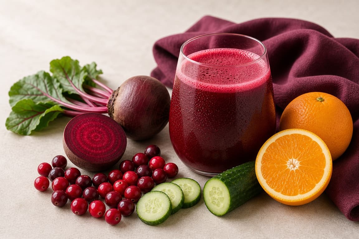 Beet Cranberry Orange in a clear glass with fresh beet, cranberry, orange, cucumber, and deep plum linen.