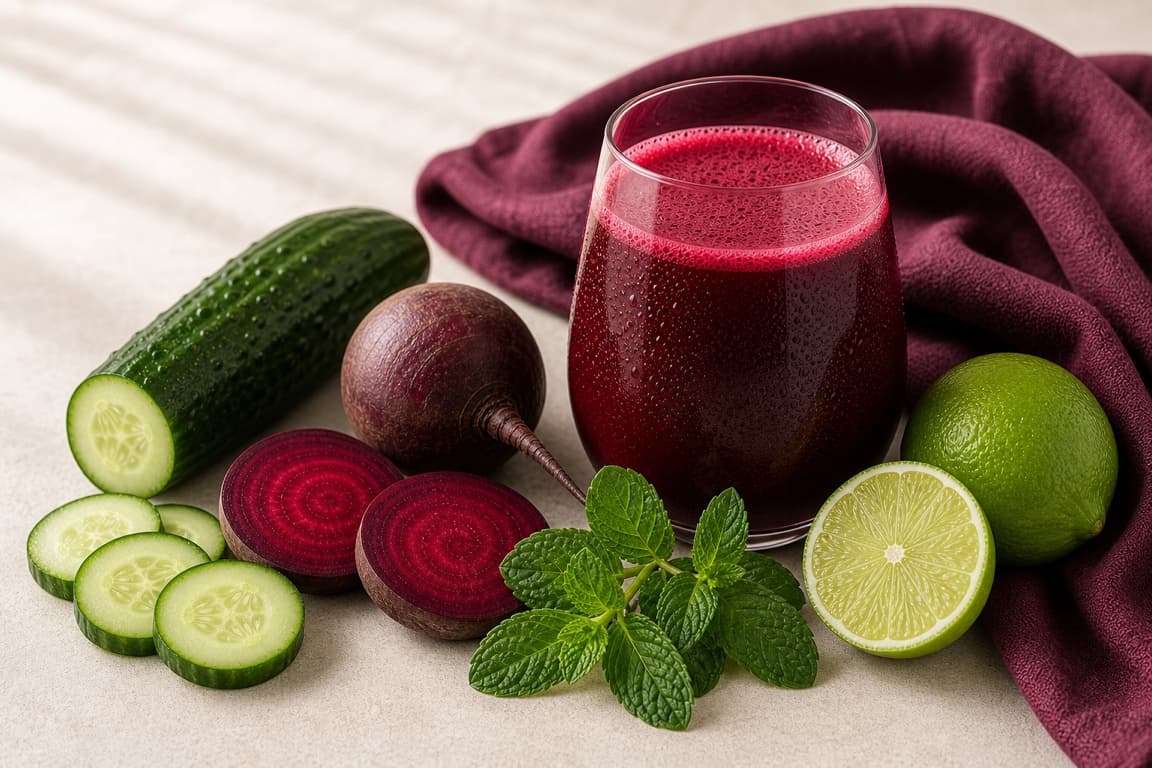 Beet Cucumber Lime Mint in a clear glass with fresh beet, cucumber, lime, mint, and deep plum linen.