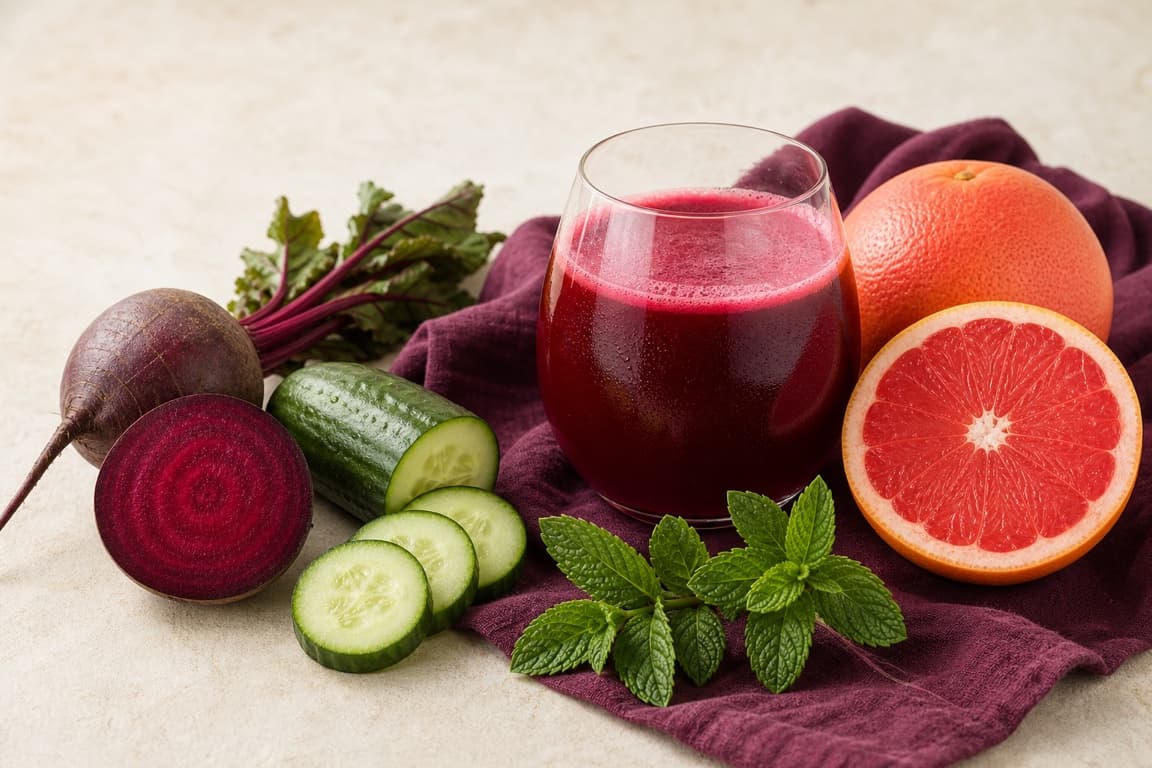 Beet Grapefruit Mint in a clear glass with fresh beet, grapefruit, cucumber, mint, and deep plum linen.