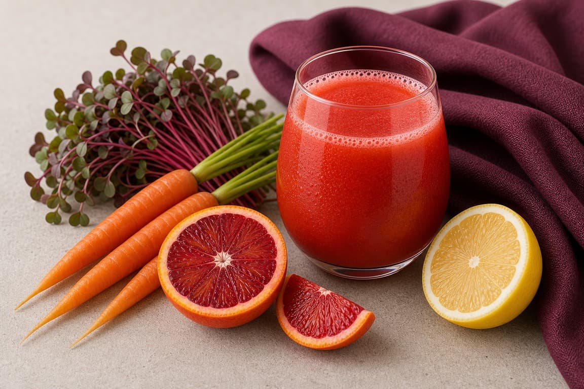 Beet Microgreen Blood Orange Carrot in a clear glass with fresh beet microgreens, blood orange, carrot, and lemon, and saffron ochre linen.